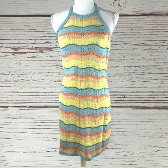 Justify Multicolor Knit Halter Mini Dress – Striped Pastel Retro Y2K – Size M - Picture 4 of 5